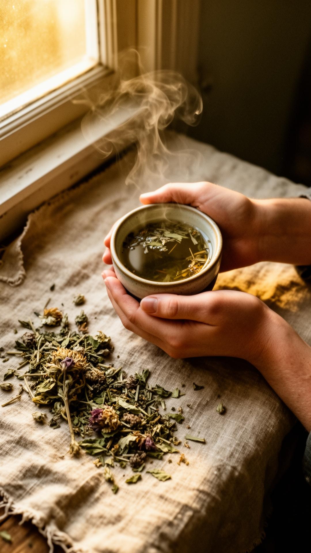 A cup of herbal tea by a sunlit window
