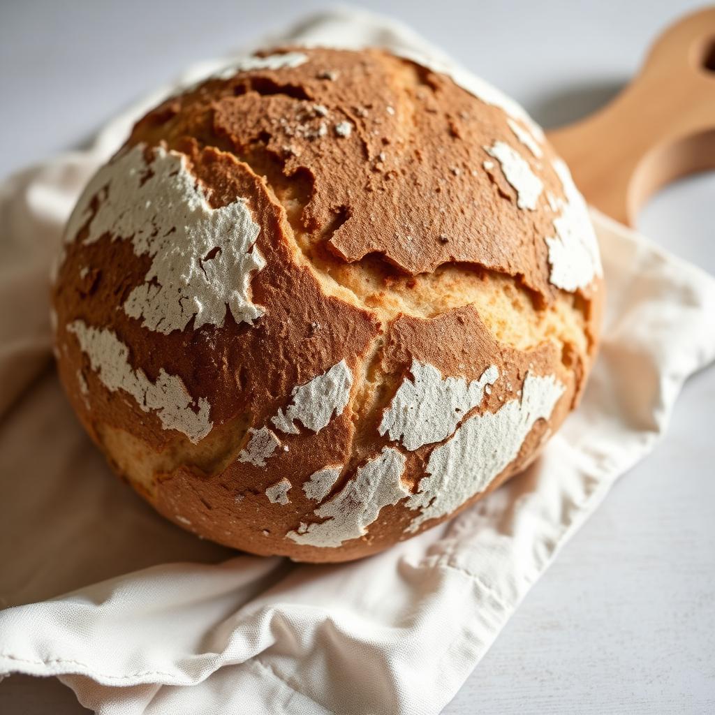 A rustic sourdough boule dusted with flour on light linen