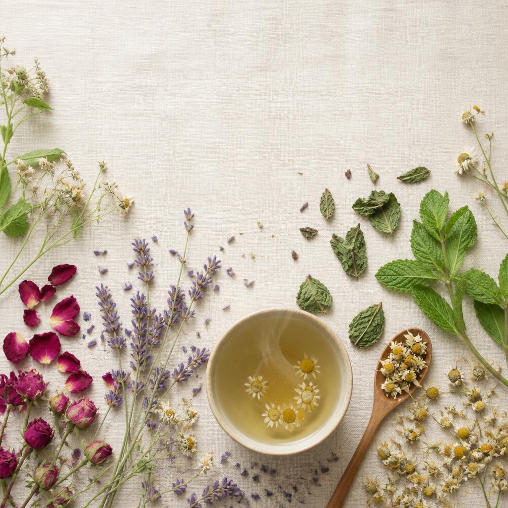 Loose herbal tea leaves, chamomile, lavender, rose petals, and mint beside a steaming ceramic cup